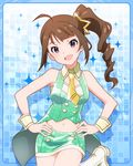  :d ahoge artist_request blue_background bracelet brown_hair cuff_links hands_on_hips head_tilt idolmaster idolmaster_million_live! jewelry looking_at_viewer necktie official_art open_mouth purple_eyes side_ponytail skirt smile solo yokoyama_nao 