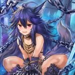  animal_ears bare_shoulders blue_hair blush chain edobox fenrir_(shingeki_no_bahamut) granblue_fantasy jewelry necklace open_mouth red_eyes solo squatting tail wolf_ears wolf_tail 