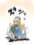  :d atago_(kantai_collection) bad_id bad_pixiv_id beret blonde_hair blue_eyes crack cracked_floor engiyoshi falling hat kantai_collection long_hair open_mouth pantyhose smile solo translated weighing_scale 