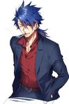  blue_hair cigarette cu_chulainn_(fate/prototype) fate/prototype fate_(series) formal jewelry long_hair male_focus nakagawa_waka necklace one_eye_closed ponytail red_eyes solo suit 