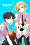  ball basketball blonde_hair blue_eyes blue_hair clannad hikarizaka_private_high_school_uniform multiple_boys necktie okazaki_tomoya school_uniform short_hair soccer_ball sunohara_youhei takumi_(scya) telstar 