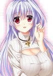  blush breasts cleavage cleavage_cutout endori jewelry large_breasts long_hair lyrical_nanoha md5_mismatch meme_attire necklace open-chest_sweater red_eyes reinforce ribbed_sweater silver_hair solo sweater turtleneck upper_body 