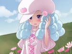  bad_id bad_pixiv_id blue_eyes blue_hair blush flower hair_flower hair_ornament happinesscharge_precure! hat hosshiwa light_blue_hair long_hair looking_at_viewer mogiki_hayami open_mouth pink_hat precure solo 
