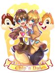  absurdres animal_ears artist_name bad_id bad_pixiv_id blue_eyes brown_hair character_name chip_(disney) dale_(disney) disney heart heart_hands heart_hands_duo highres looking_at_viewer maianh male_focus multiple_boys one_eye_closed open_mouth personification sailor_collar tail v white_background 