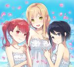  :&lt; :d back bangs bare_shoulders black_hair blonde_hair blue_eyes blush braid breasts cleavage clenched_hand cloud day dress frilled_dress frills holding_arm kyoubashi_amane light_smile long_hair looking_at_viewer looking_back multiple_girls occhan_(11715) open_mouth outdoors parted_bangs petals red_eyes red_hair school_girl_strikers short_hair short_twintails single_braid sky small_breasts smile strapless strapless_dress sumihara_satoka twintails upper_body white_dress yaginuma_io yellow_eyes 