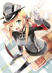  ;d anchor_hair_ornament bent_over black_legwear blonde_hair blush cup eretto gloves green_eyes hair_ornament hat kantai_collection kotatsu long_hair long_sleeves low_twintails military military_uniform one_eye_closed open_mouth over-kneehighs pleated_skirt prinz_eugen_(kantai_collection) sailor_hat shirt skirt smile solo table teacup teapot thighhighs twintails uniform v white_gloves yunomi 