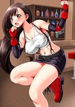  1girl bar black_hair blush boots bottle breasts collarbone erect_nipples final_fantasy final_fantasy_vii gloves highres itachou large_breasts legs long_hair looking_at_viewer navel open_mouth pink_eyes skirt solo standing stool suspenders tank_top thighs tifa_lockhart 