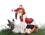  1girl absurdres all_fours bike_shorts black_shorts blue_eyes blush bow brown_hair collarbone creatures_(company) full_body game_freak gen_3_pokemon hair_bow hairband haruka_(pokemon) highres long_hair nintendo open_mouth pokemon pokemon_(creature) pokemon_(game) pokemon_oras poochyena red_eyes red_hairband red_shirt shirt shoes short_shorts shorts shorts_under_shorts simple_background sleeveless sleeveless_shirt sneakers striped striped_bow white_background white_shorts yuihiko 