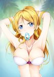  armpits arms_up ayase_eli bikini blonde_hair blush breasts hair_down hair_tie_in_mouth large_breasts long_hair looking_at_viewer love_live! love_live!_school_idol_project mouth_hold o-ring o-ring_top qiuzhi_huiyi scrunchie solo swimsuit upper_body white_bikini 