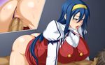  1boy 1girl anus ass blue_hair breasts censored cowgirl_position girl_on_top himemiya_chikane huge_breasts kannazuki_no_miko open_mouth penis sex straddling tomite vaginal 