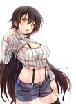 black_hair black_legwear blush breasts cleavage cleavage_cutout crop_top crop_top_overhang highres kakao_rantan large_breasts long_hair looking_at_viewer meme_attire midriff navel open-chest_sweater open_fly open_mouth original ribbed_sweater shorts simple_background solo suspenders sweater thighhighs turtleneck unzipped very_long_hair white_background 