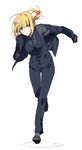  artoria_pendragon_(all) blonde_hair fate/zero fate_(series) formal gloves nakagawa_waka pant_suit ponytail running saber solo suit vest waistcoat 