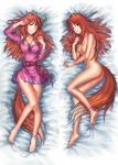  animal_ears anklet breasts collarbone dakimakura full_body goenitzchild highres holo jewelry long_hair lying multiple_views navel nipples nude one_eye_closed red_eyes red_hair sash smile spice_and_wolf tail wolf_ears wolf_tail 