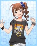 :d artist_request bracelet brown_hair clothes_writing idolmaster idolmaster_million_live! jewelry looking_at_viewer necklace official_art open_mouth purple_eyes scrunchie side_ponytail smile solo yokoyama_nao 