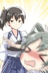  &gt;_&lt; bad_id bad_pixiv_id black_hair blue_hakama blurry blush brown_eyes bruise closed_eyes depth_of_field engiyoshi green_hair hakama injury japanese_clothes kaga_(kantai_collection) kantai_collection multiple_girls muneate side_ponytail slapping twintails zuikaku_(kantai_collection) 