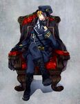  blonde_hair boots chair crossed_legs fate/stay_night fate_(series) gilgamesh gloves hat male_focus military military_hat military_uniform nakagawa_waka red_eyes sitting solo uniform whip 