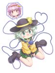  3: blush full_body green_eyes green_hair hat heart heart_of_string komeiji_koishi komeiji_satori kurotama_(avino) purple_eyes purple_hair revision shoes simple_background sitting skirt smile solo spoken_person tears third_eye touhou wariza white_background 