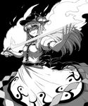  breasts dress flaming_sword food food_on_head fruit fruit_on_head greyscale hat highres hinanawi_tenshi long_hair looking_at_viewer monochrome object_on_head peach shaded_face slit_pupils small_breasts smile solo sunatoshi sword_of_hisou touhou 