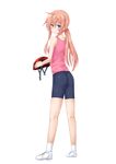  ass bike_shorts blue_eyes blush character_request from_behind helmet highres long_hair looking_back pink_hair ponytail ryujaku_taketora shoes shorts sidelocks simple_background smile sneakers socks solo vest white_background 