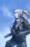  blonde_hair blue_eyes blue_sky cigarette coat day gloves hand_in_pocket hetza_(hellshock) holster long_hair looking_to_the_side original ponytail profile scarf sky smoking snow solo suzumi_(hetza) thigh_holster 