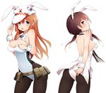  :o animal_ears ass black_legwear blue_eyes blush breasts brown_eyes brown_hair bunny_ears bunnysuit charlotte_e_yeager cleavage covered_navel detached_collar gertrud_barkhorn hat highres kinakomoti large_breasts long_hair looking_at_viewer looking_back multiple_girls open_mouth orange_hair pantyhose simple_background strike_witches twintails white_background world_witches_series wrist_cuffs 