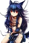  ahoge animal_ears bdsm blue_hair bondage bound bound_arms chain fenrir_(shingeki_no_bahamut) granblue_fantasy jewelry long_hair maho_moco necklace red_eyes simple_background solo tail white_background wolf_ears wolf_tail 
