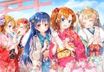  :d ^_^ blue_eyes blue_hair blush brown_eyes brown_hair closed_eyes dango eating flower food hair_flower hair_ornament hairclip hoshizora_rin japanese_clothes kimono koizumi_hanayo kousaka_honoka long_hair love_live! love_live!_school_idol_project minami_kotori mitarashi_dango miwabe_sakura multiple_girls new_year obi omikuji one_side_up open_mouth orange_hair purple_eyes sash shiny shiny_hair short_hair skewer smile sonoda_umi torii wagashi 