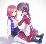  adjusting_another's_hair adjusting_hair alc_(ex2_lv) apron bad_id bad_pixiv_id black_hair blush eyebrows_visible_through_hair long_sleeves looking_at_another love_live! love_live!_school_idol_project multiple_girls nishikino_maki no_shoes pantyhose purple_hair red_hair scarf short_hair sitting sitting_on_person smile twintails yazawa_nico 