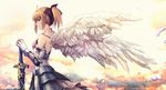  angel_wings aoiakamaou artoria_pendragon_(all) bare_shoulders blonde_hair blue_eyes caliburn closed_mouth detached_sleeves fate/stay_night fate/unlimited_codes fate_(series) feathers gauntlets highres long_hair planted_sword planted_weapon ponytail profile saber saber_lily sheath sheathed solo sword weapon wings 