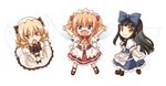  apron arms_up ascot black_hair blonde_hair blue_eyes chestnut_mouth dress drill_hair fairy_wings fang hirasaka_makoto long_hair luna_child maid_headdress multiple_girls obi open_mouth puffy_short_sleeves puffy_sleeves red_dress red_eyes sash short_sleeves smile star_sapphire sunny_milk touhou twintails waist_apron white_dress wings yellow_eyes 