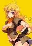  ahoge blonde_hair blush breasts cleavage cowboy_shot fingerless_gloves gauntlets gloves grin heterochromia kusanagi_tonbo large_breasts long_hair navel purple_eyes red_eyes rwby scarf smile solo yang_xiao_long yellow_background 