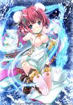  blue_eyes blush braid breasts bun_cover china_dress chinese_clothes cleavage covered_navel detached_sleeves double_bun dragon_quest dress looking_at_viewer medium_breasts million_arthur_(series) official_art pink_legwear red_hair refeia smile solo thighhighs twin_braids 