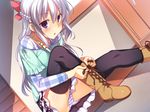  blue_eyes boots braid brown_footwear cameltoe cross-laced_footwear game_cg highres lace-up_boots long_hair onii-chan_no_hanbun_wa_yokubou_de_dekiteimasu_2 panties pantyshot pantyshot_(sitting) racer_(magnet) ribbon shirt silver_hair sitting skirt solo striped striped_panties thighhighs tisa tying_boots underwear 