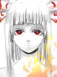  artist_name bangs blunt_bangs bow burning dated eyelashes face fire flame fujiwara_no_mokou hair_bow hair_ribbon highres hime_cut ieka long_hair looking_at_viewer red_eyes ribbon signature touhou upper_body white_skin 