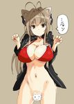  amagi_brilliant_park animal_ears bikini bikini_under_clothes bottomless breasts brown_eyes brown_hair cat_ears censored cowboy_shot formal iwasaki_takashi jacket jpeg_artifacts kemonomimi_mode large_breasts long_hair looking_at_viewer navel novelty_censor o-ring o-ring_top open_clothes open_jacket paw_pose pinstripe_suit red_bikini sento_isuzu sketch solo striped suit swimsuit swimsuit_under_clothes 