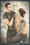  brock_rumlow brown_hair captain_america_the_winter_soldier chiseko1000yeah facial_hair james_buchanan_barnes marvel mechanical_arm mirror multiple_boys prosthesis prosthetic_arm shaving signature sink sitting stubble 