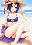  :d absurdres beach bikini blue_hair blush breasts cleavage cleavage_cutout day flower_bracelet hand_on_headwear hat highres idolmaster idolmaster_(classic) k.y_ko large_breasts looking_at_viewer miura_azusa open_mouth purple_bikini sarong scan short_hair sitting smile solo straw_hat sun_hat swimsuit 