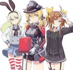  amatsukaze_(kantai_collection) amatsukaze_(kantai_collection)_(cosplay) bad_id bad_pixiv_id blonde_hair blue_eyes brown_hair cosplay gloves green_eyes hair_ribbon hairband hand_on_hip hat highres kagerou_(kantai_collection) kantai_collection long_hair multiple_girls peaked_cap prinz_eugen_(kantai_collection) ribbon shimakaze_(kantai_collection) smile tai0201 thighhighs turret twintails uniform v 