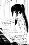  3: amage_kanade bad_id bad_pixiv_id greyscale instrument long_hair monochrome music original piano playing_instrument pleated_skirt ponytail school_uniform skirt solo 