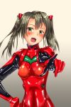  1girl absurdres bodysuit breasts cosplay highres kantai_collection latex looking_at_viewer neon_genesis_evangelion open_mouth parazan_d pointing pointing_at_viewer red_bodysuit simple_background small_breasts soryu_asuka_langley standing zuikaku_(kantai_collection) 