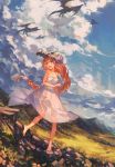  1girl absurdres bare_shoulders barefoot cloud copyright_request crystal dragon dress flower freckles hair_flower hair_ornament highres kanekiru long_hair mountain open_mouth orange_hair purple_eyes rock skull_helmet sky sundress very_long_hair 