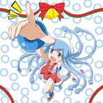  blue_eyes blue_hair foreshortening hat ikamusume kinfuji long_hair perspective pointing sack santa_costume shinryaku!_ikamusume shrimp tentacle_hair 