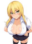  1girl black_legwear black_skirt blonde_hair blush breasts cleavage collarbone collared_shirt cowboy_shot cropped_legs eve_(artist) female green_eyes hair_between_eyes hands_on_hips huge_breasts large_breasts leaning_forward looking_at_viewer miniskirt naughty_face pleated_skirt school_uniform shiny shiny_skin shirt short_sleeves simple_background skirt smile solo thighhighs thighs white_background white_shirt zettai_ryouiki 