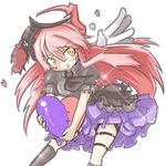  :q black_legwear duel_monster ghostrick_angel_of_mischief hat heart highres long_hair multicolored multicolored_wings pink_hair side_ponytail solo spirit-edge tongue tongue_out v-shaped_eyebrows white_background wings yellow_eyes yuu-gi-ou 