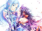  asuna_(sao) asuna_(sao-alo) blue_eyes blue_hair closed_eyes detached_sleeves e_(mzkmm) fingerless_gloves gloves hairband long_hair multiple_girls pointy_ears purple_hair sword_art_online yuuki_(sao) 