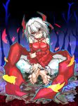  absurdres bare_tree barefoot breasts butterfly_sitting duel_monster head_tilt highres horns insect_girl large_breasts looking_at_viewer monster_girl silver_hair sitting smile solo spirit-edge tattoo traptrix_myrmeleo tree yuu-gi-ou 
