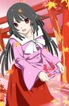  bakemonogatari black_hair bow houraisan_kaguya japanese_clothes leaf long_hair maple_leaf monogatari_(series) open_mouth parody radia red_eyes ribbon sengoku_nadeko skirt smile solo torii touhou water 