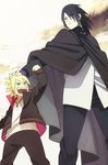  aqua_eyes black_hair black_jacket black_pants blonde_hair cloak cloud facial_mark fingerless_gloves gloves height_difference jacket male_focus multiple_boys naruto naruto_(series) oba-min open_mouth pants shirt uchiha_sasuke uzumaki_boruto white_shirt 