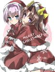  2girls ahoge blue_eyes capelet cowboy_shot fur_trim hair_ribbon hat highres kagerou_(kantai_collection) kantai_collection looking_at_viewer merry_christmas multiple_girls pink_hair purple_eyes ribbon santa_costume santa_hat shiranui_(kantai_collection) short_hair takeshima_(nia) twintails 