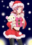  alternate_costume black_legwear christmas cosplay crop_top finger_to_mouth frilled_sleeves frills garter_straps hat looking_at_viewer love_live! love_live!_school_idol_festival love_live!_school_idol_project midriff miniskirt navel nishikino_maki off_shoulder pouty_lips purple_eyes red_hair santa_costume santa_hat short_hair skirt snowing solo stuffed_animal stuffed_toy tamya teddy_bear thighhighs wide_sleeves zettai_ryouiki 